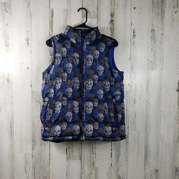Boys old navy skull gray and blue puffer winter vest size large 10-12 - Picture 10 of 10